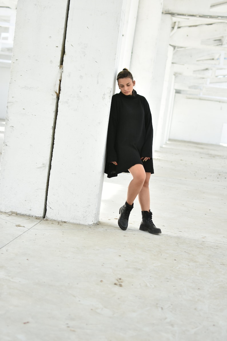 Black Winter Sweater Dress, Wool Turtleneck Dress, Asymmetrical Dress, Oversize Sweater Dress, Wool Clothing, Loose Avant Garde Dress image 5