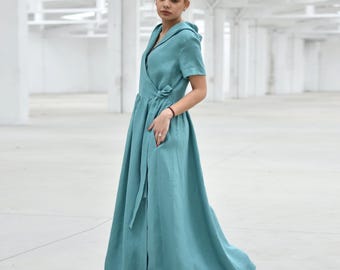 Turquoise Romantic Linen Wrap Dress with Hood and Short Sleeves, Floor Length Wedding Guest Dress, Summer Fit and Flare Maxi Dress, XS-2XL