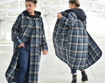 Kaputze Karo Cardigan, Maxi Wolljacke, Damen Winter Cardigan, Plus Size Kleidung, Karo Cardigan, Blauer Tartan Mantel, Deckenmantel