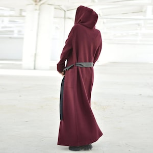 Hooded Burgundy Wool Maxi Coat, Wine Red Merino Wool Coat, Extra Long Warm Winter Coat, Plus Size Clothing, Belted Coat for Women