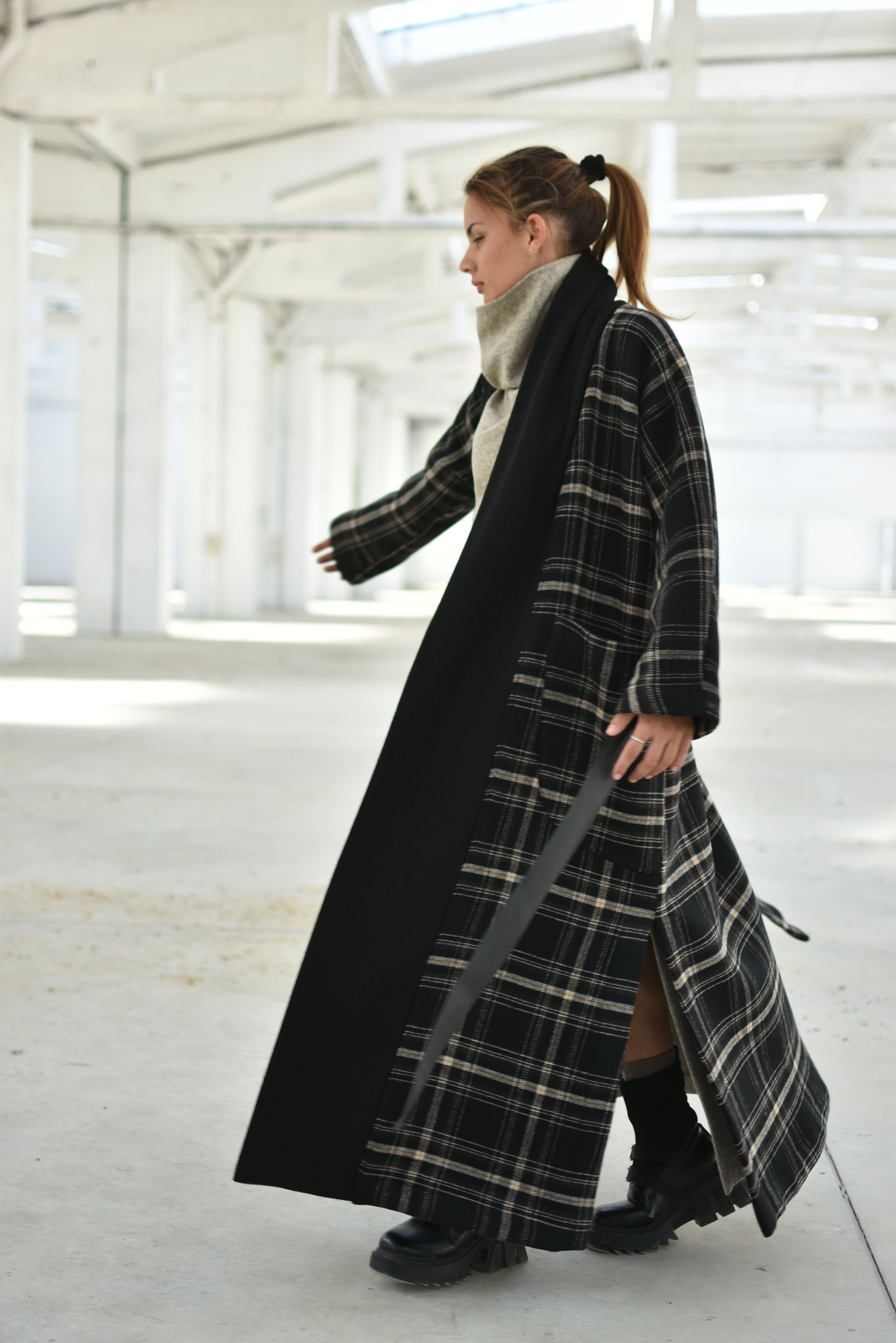 Wool Tartan Plaid Coat, Winter Maxi Cardigan Coat, Warm Slit Coat