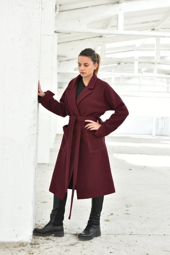 Cappotto elegante in lana, soprabito invernale, cappotto bordeaux, cappotto  lungo in lana, cappotto stravagante con cintura, cappotto maxi tascabile,  cappotto giacca di lana, caldo -  Italia