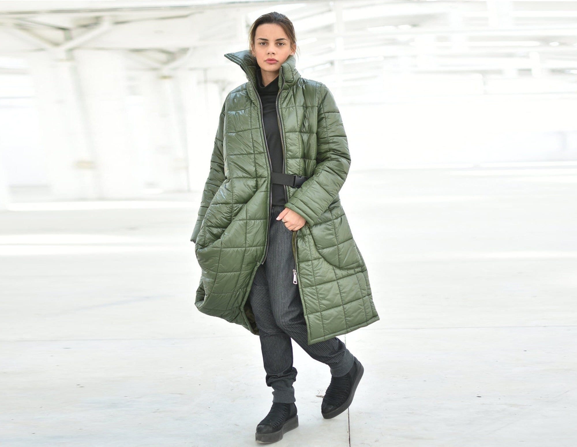 Green Puffer Jacket, Long Quilted Coat, Oversized High Neck