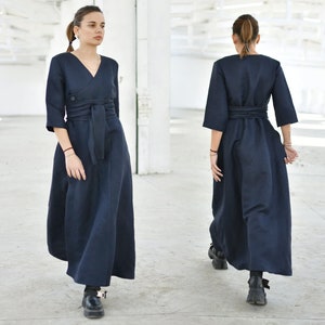 Vestido de cóctel, vestido kimono de lino, vestido con cinturón de lino, vestido largo estampado, ropa de lino, lino de talla grande, vestido elegante, vestido largo cruzado