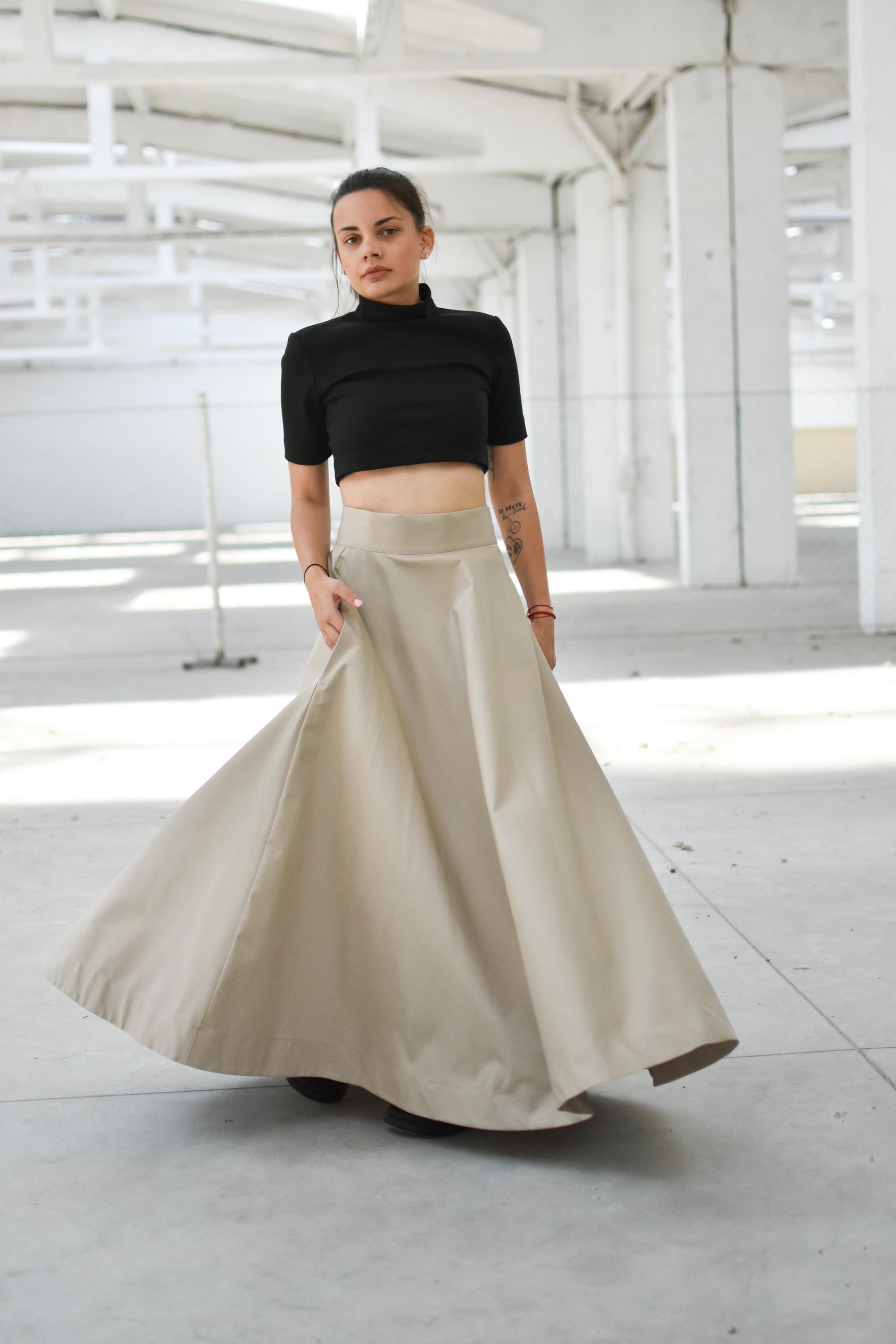 Beige High Waist Flare Maxi Skirt With Pockets, Long A-line