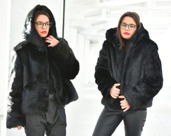 Hooded Warm Winter Coat, Faux Fur Coat, Fuzzy Short Jacket, Black Women's Coat, Trendy Short Coat, Elegant Short Jacket