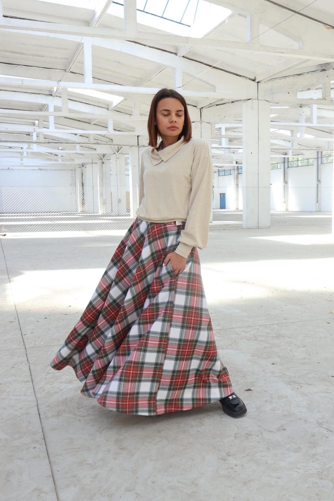 Wool Tartan Red Plaid Skirt, Long Walking Skirt, Winter Maxi Skirt