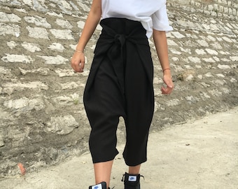 Linen Pants, Plus Size Linen Clothing, Black Harem Pants, High Waisted Pants, Capri Pants, Drop Crotch Trousers, Summer Pants,Paperbag Pants