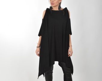 Black Tunic Top, Women Blouse, Long Top, Wide Top, Asymmetrical Tunic, Oversized Top, 3/4 sleeve Top, Plus Size Clothing, Open Shoulder Top