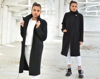 Black Merino Wool Cardigan With Minimalist Design, Button Closure and Pockets, High Neck Cardigan