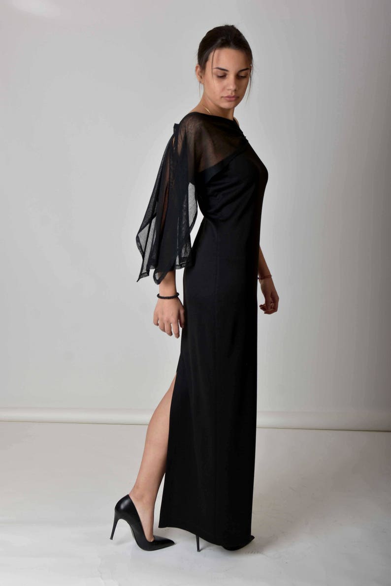 Elegant Evening Maxi Slit Dress, Black Long Dress, Plus Size Dress, Formal One Shoulder Dress, Tulle Cocktail Dress, Wedding Guest Dress image 2