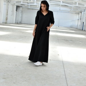 Black Linen Dress, Kaftan Dress, Hooded Dress, Maxi Spring Dress, Linen Clothes, Plus Size Clothing, Loose Dress, Linen Dress With Pockets image 3