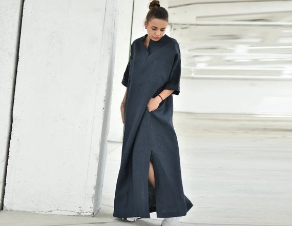 Linen Maxi Dress Kaftan Dress Plus Size Linen Women Slit | Etsy