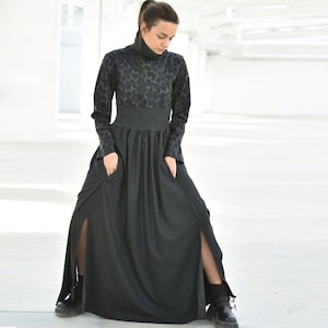 Winter Wool Maxi Dress, Black Leopard Print Dress, Extravagant Flare Dress, Turtleneck Slit Dress, Plus Size Clothing, Full Skirt Dress