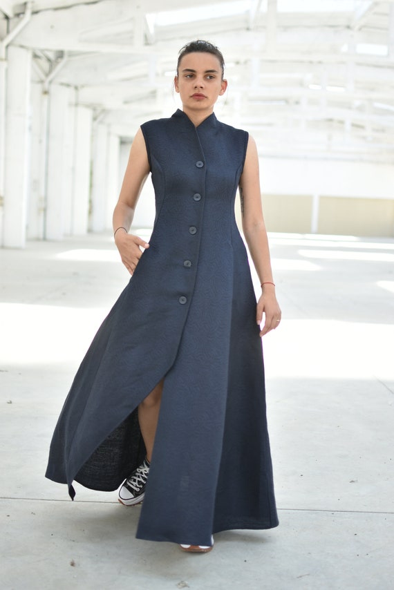 Linen Navy Futuristic Maxi Dress With Stand Collar, Heavyweight Linen Avant Garde Summer Elegant Wedding Guest Dress, Sizes XS-4XL - Etsy Hong Kong Linen Navy Futuristic Maxi Dress With Stand Collar, Heavyweight Linen Avant Garde Summer Elegant Wedding Guest Dress, Sizes XS-4XL - Etsy Hong Kong