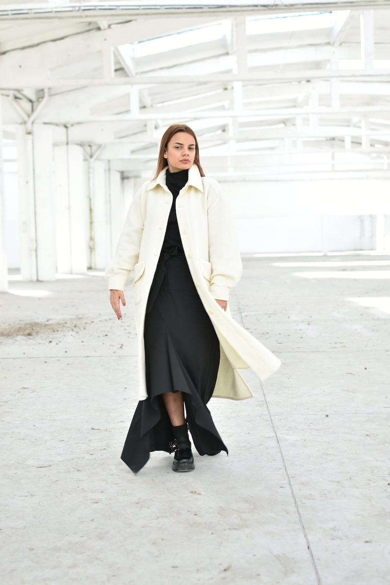 White Wool Coat Long Overcoat Shirt Collar Coat Winter Etsy