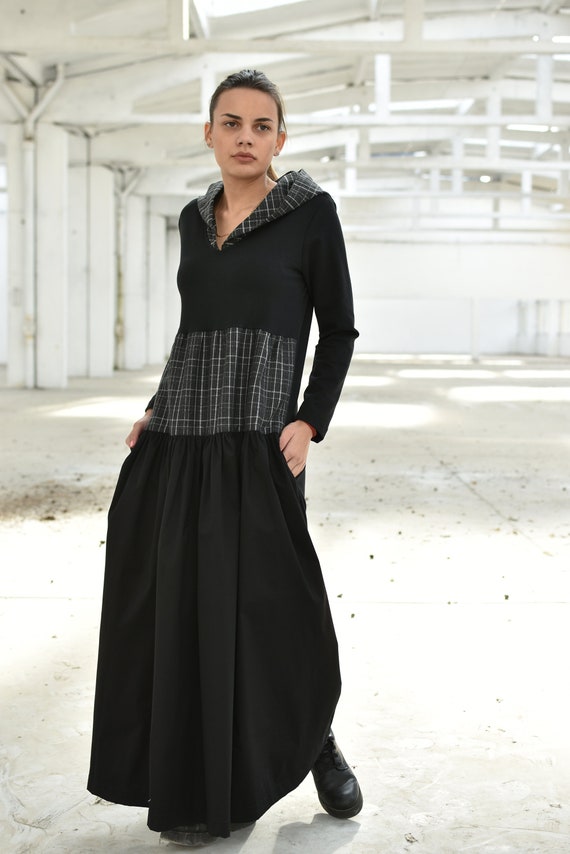 Black Maxi Tiered Flowy Dress with Hood, Pockets and Long Sleeves, Avant Garde Goth Dress with Plaid, Long Flare Dres in Sizes XS-4XL