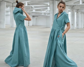 Turquoise Linen Wrap Dress, Hooded Maxi Dress, Summer Short Sleeve Kaftan Dress, Plus Size Clothing, Oversize Dress, Linen Maternity Dress