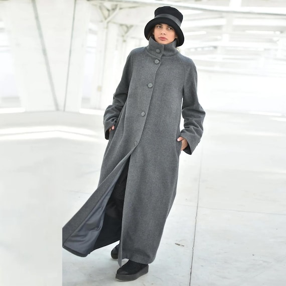 Long Gray Wool Winter Coat, Warm Maxi Funnel Neck Coat, High Neck