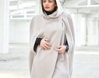 Hooded Cape Coat Women, Dark Gray Poncho Coat, Elegant Cloak