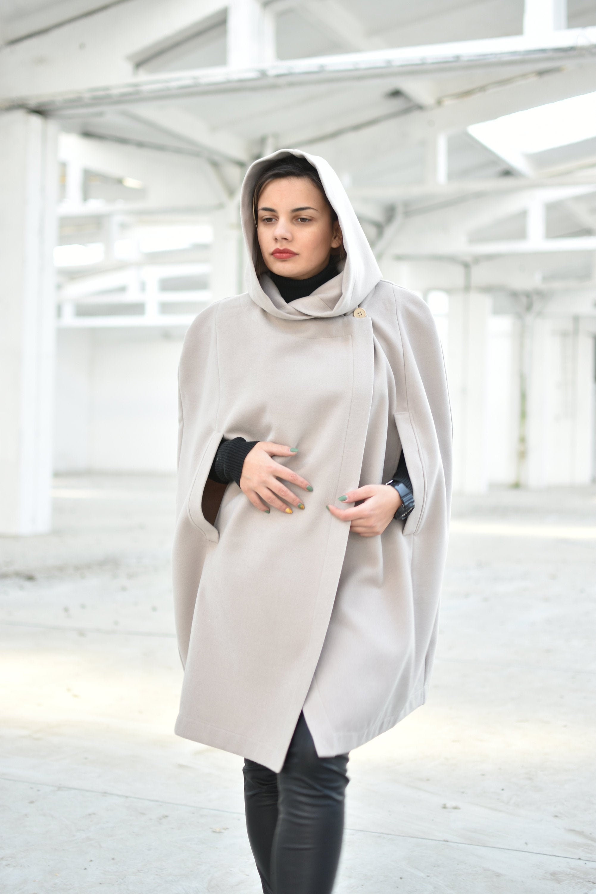 Women's Stylish Hooded Poncho Coat - One Size, Hip Length, With Pockets - Model FA219