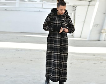 Wool Hooded Maxi Coat, Long Tartan Coat, Winter Plaid Overcoat, Plus Size Clothing, Warm Cardigan Coat, Avant Garde Clothing, Casual Coat