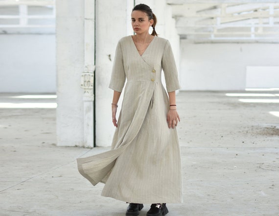 beige flowy dress women Linen Wrap Maxi with 3/4 Sleeves, Summer Wedding Guest Dress Women, Loose Modest Cottagecore Pinstripe Gown, Sizes XS-4XL beige dress