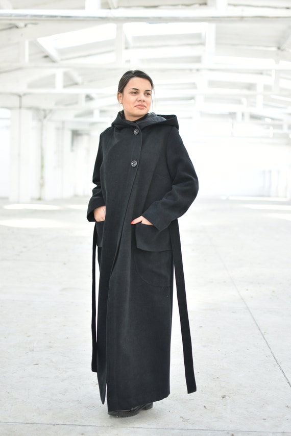 ブラックフード付きウールコート、暖かい冬用マキシ丈オーバーコート