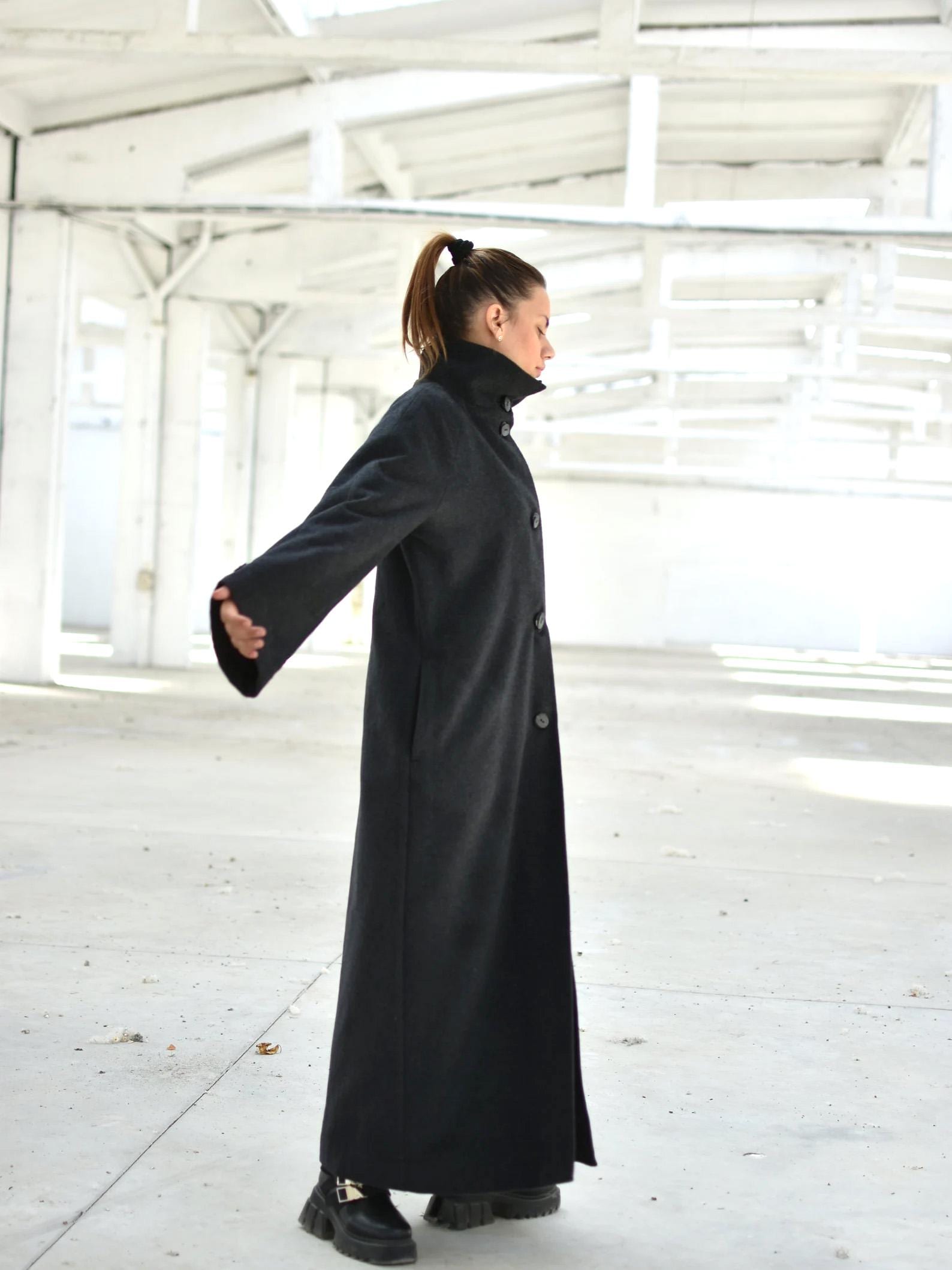 Minimalist Women Maxi Coat, Wool High Neck Overcoat, Long Winter