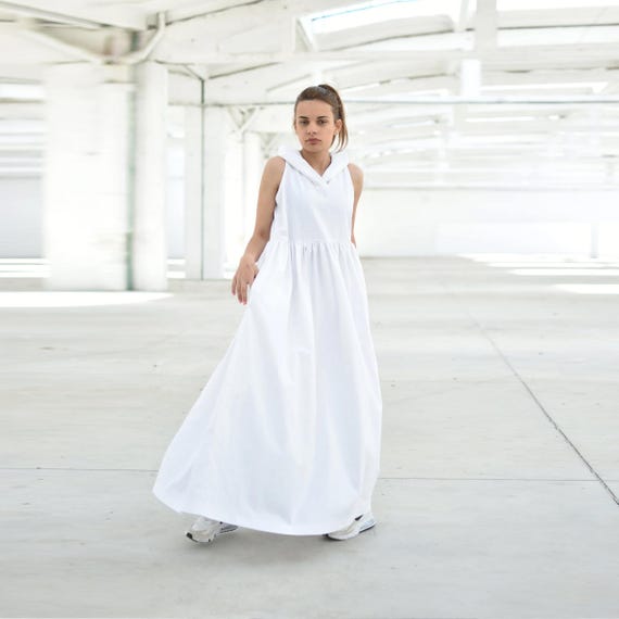 flowy sleeveless maxi dress White Linen Summer With Hood, Dress With Fit and Flare Circle Silhouette, Everyday Simple Gown, Plus Sizes chiffon flowy dress