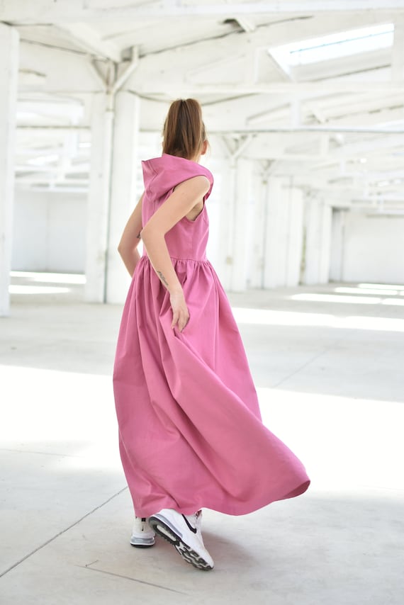 Pink Linen Hooded Maxi Dress with Pockets for Summer, Sleeveless Ankle Length Everyday Dress Women, Fit and Flare Tank Dress, Plus Sizes