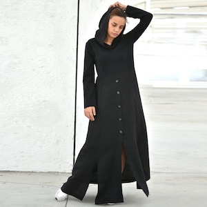 Black Maxi Hooded Dress, Women Sweatshirt Dress, Gothic Dress, Plus Size Clothing, Loose Dress, Long Sleeve Dress With Pockets, Winter Dress