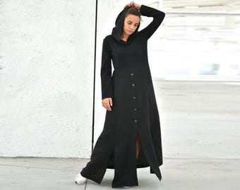 black long dress with hood Dixie Hooded Maxi Dress in Slinky Black