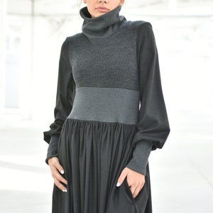 May include: A long-sleeved dress with a turtleneck, a grey ribbed bodice, and a black skirt. The dress has a fitted bodice and a flowing skirt.