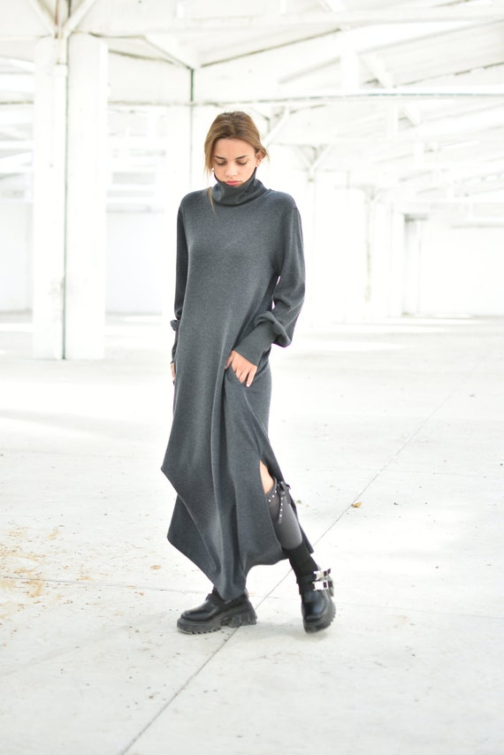Long Wool Sweater Dress, Knit Winter Turtleneck Maxi Dress, Loose High Neck Jumper Dress, Gray Plus Size Dress, Oversize Pullover Dress