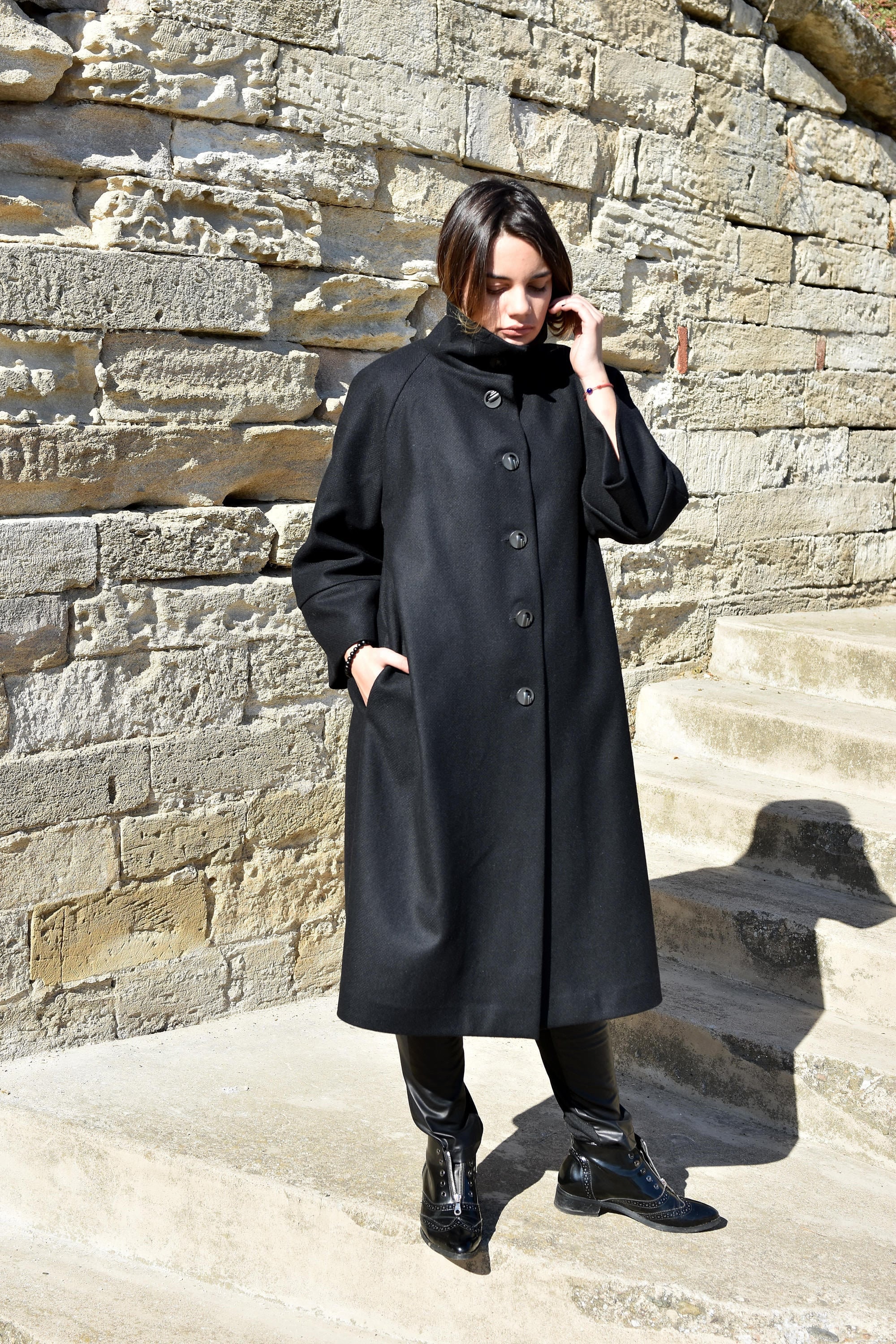 Plus Size Coat, Black Women Wool Coat, Funnel Neck Steampunk