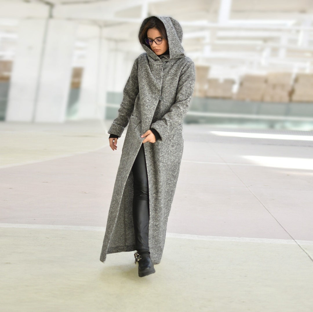 Longline Wool Cardigan Coat, Gray Hooded Maxi Cardigan, Women Coatigan, Plus Size Cardigan