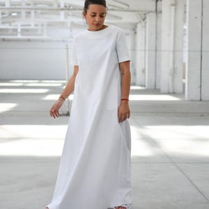 White Linen Maxi Dress, Minimalist Summer Dress, Short Sleeve Dress, Plus Size Linen Dress, Straight Silhouette Dress, Long Women Dress