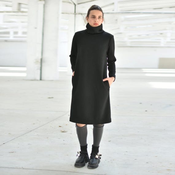 black plus size turtleneck dress Full Size Asymmetrical Hem Turtleneck Dress Plus Size main image 0