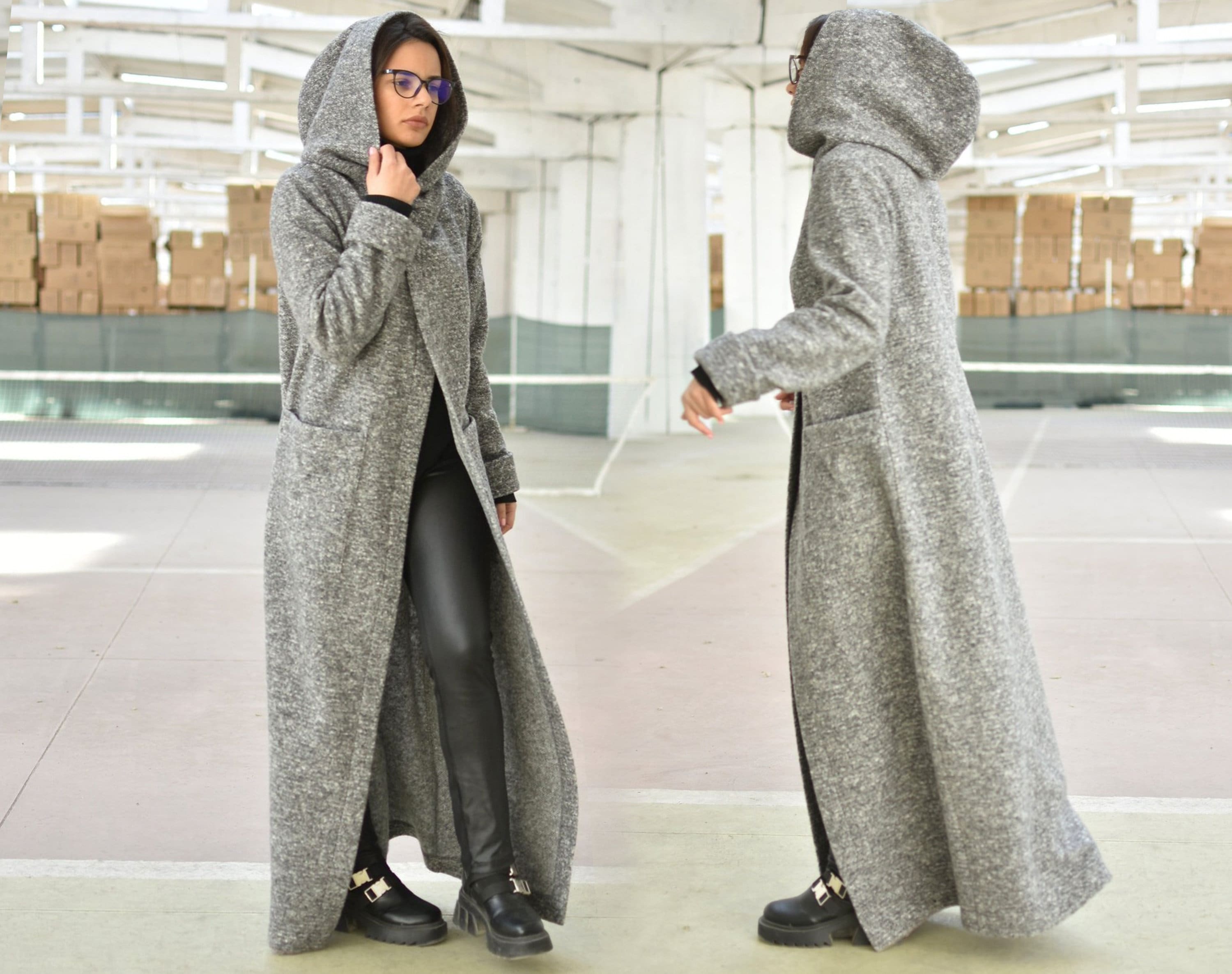 Wool Maxi Cardigan Coat, Gray Hooded Cardigan, Extra Long Wool Maxi Cardigan Coat, Gray Hooded Cardigan, Extra Long