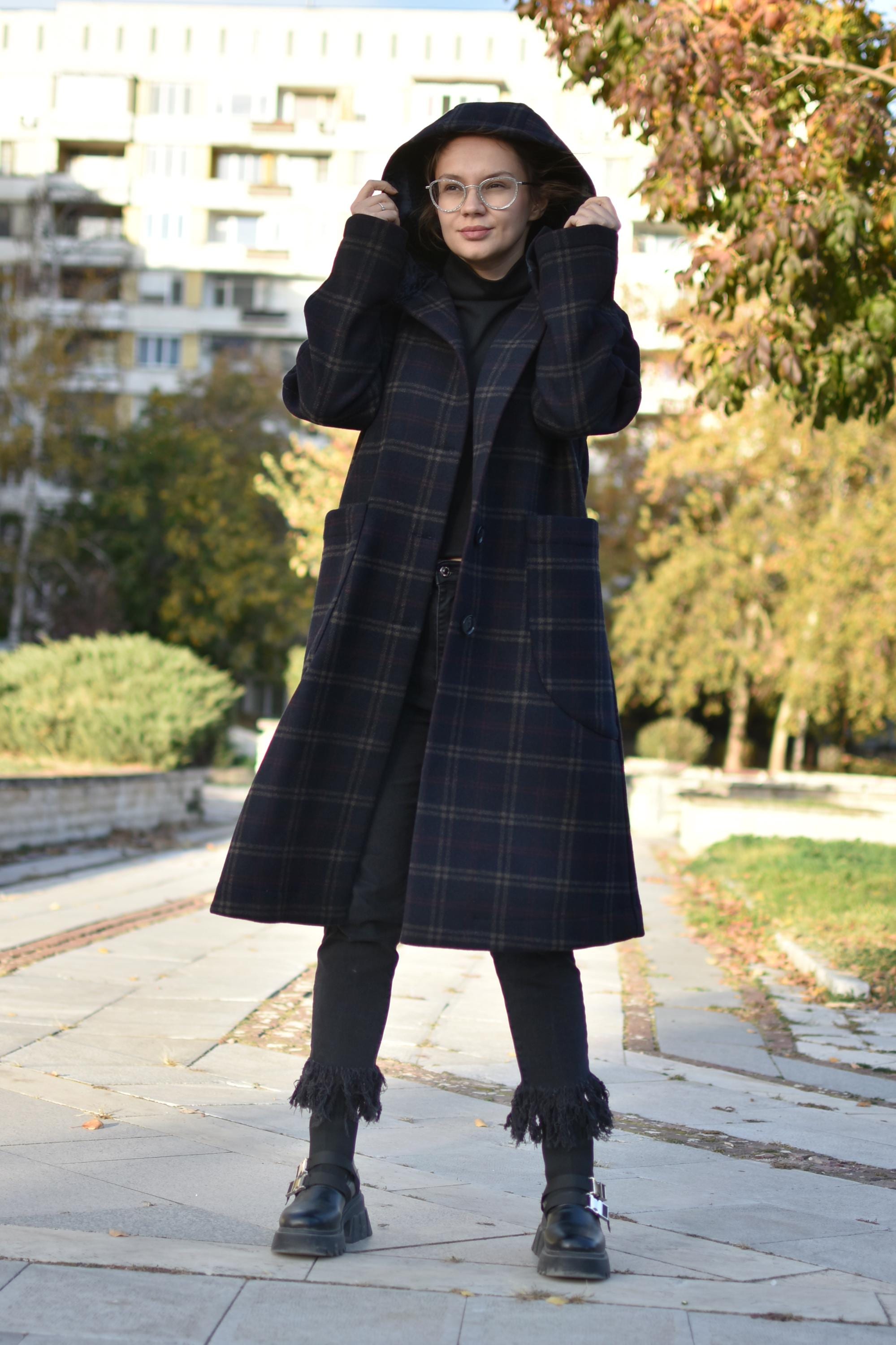 Plaid Warm Winter Coat, Hooded Wool Coat, Plus Size Clothing