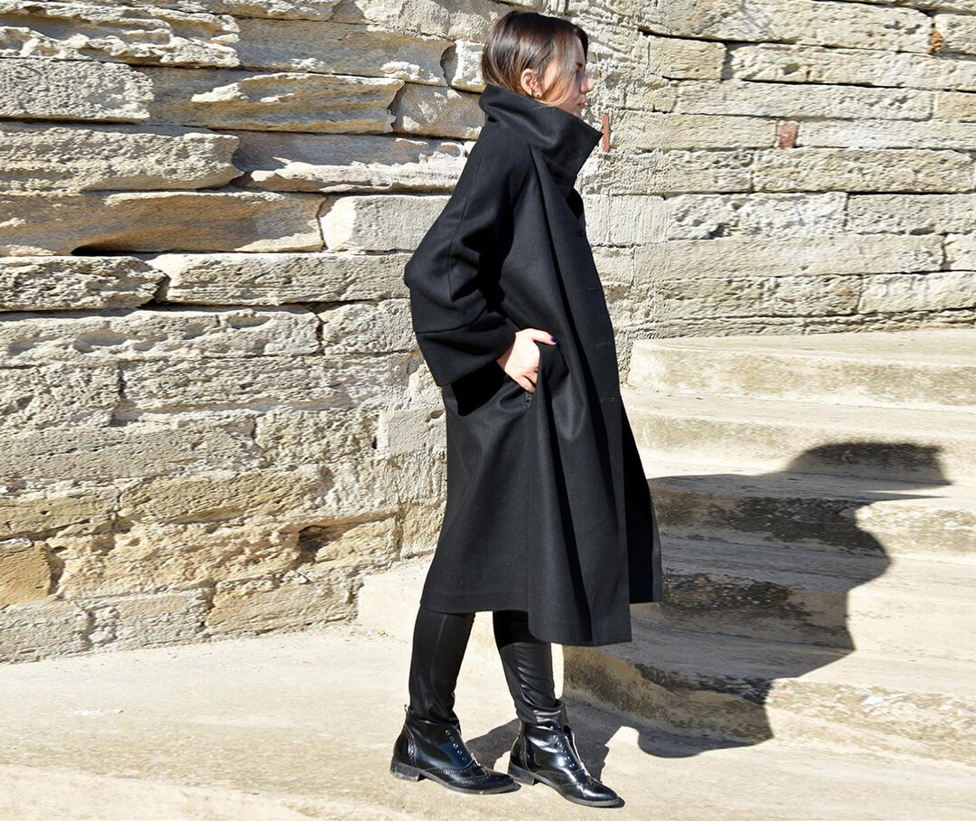 Plus Size Coat, Black Women Wool Coat, Funnel Neck Steampunk