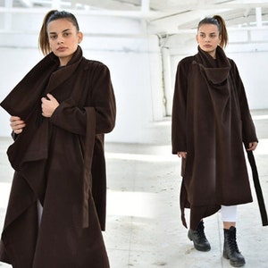 Dark Brown Wool Coat, Asymmetrical Winter Overcoat, Extravagant Designer Coat, Plus Size Coat, Avant Garde Coat, Belted Winter Jacket