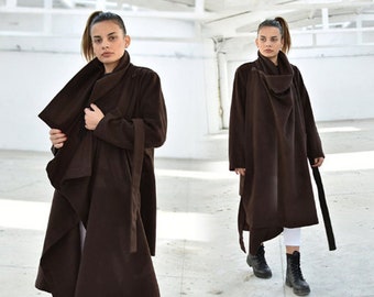 Dark Brown Wool Coat, Asymmetrical Winter Overcoat, Extravagant Designer Coat, Plus Size Coat, Avant Garde Coat, Belted Winter Jacket