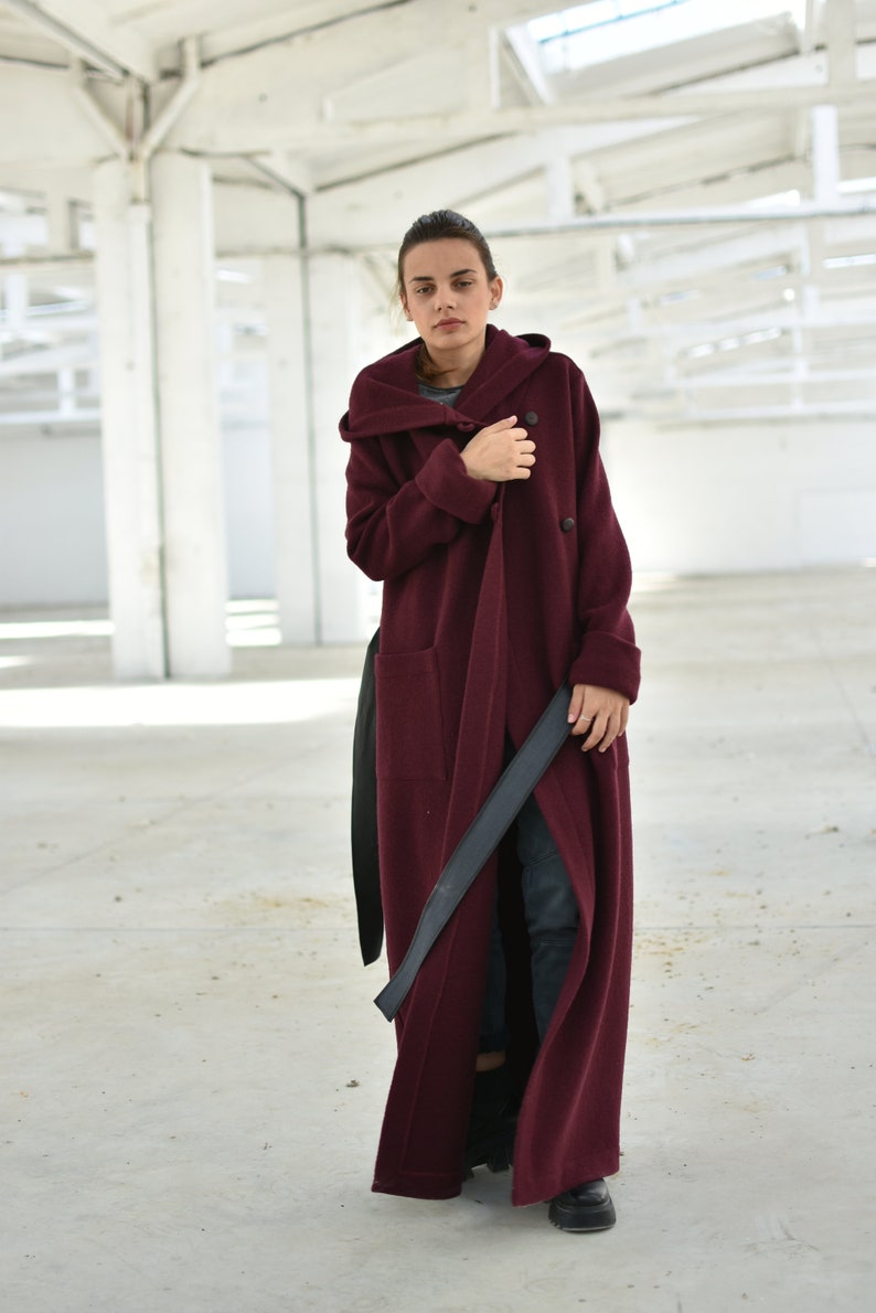 Hooded Maxi Cardigan Coat, Burgundy Merino Wool Cardigan, Extra Long Winter Cardigan Coat, Plus Size Clothing, Wine Red Belted Coat image 5