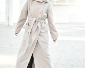 Cappotto lungo da donna, cappotto con cappuccio, cappotto lungo bianco,  cappotto tascabile, cappotto invernale, abbigliamento elegante e  minimalista,