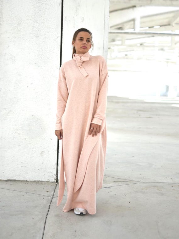 peach winter dress Women's Peach Textured Knit Midi Winter Dress with Pocket