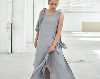 Avant Garde Linen One Shoulder Light Gray Dress with Ties, Futuristic Extravagant Apron Dress, Summer Versatile Oversized Dress, XS-2XL
