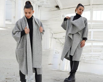 Wool Winter Cardigan Coat, Multiway Cardigan For Women, Extravagant Gray Coatigan, Plus Size Clothing, Oversized Warm Bohemian Clothing