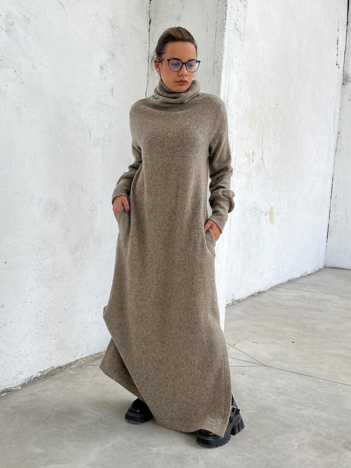 grey turtleneck dress outfit Long Sleeve Turtleneck Dress Maxi main image 1